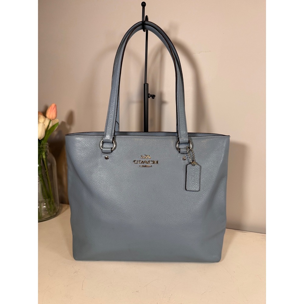 Coach Pebbled Leather Bay Tote Blue Shoulder Bag F48637 Zip Top